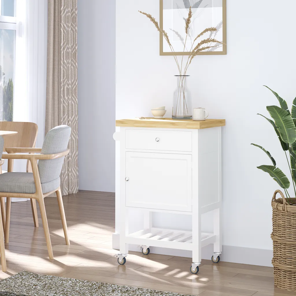 HOMCOM Küchenwagen Küchenrollwagen Servierwagen Mit Einer Schublade Geschlossenen Schrank Regalboden Und Handtuchhalter 4 Lenkrollen MDF Gummiholz Weiß+Eiche 63,5 X 40 X 90 Cm – Bild 2