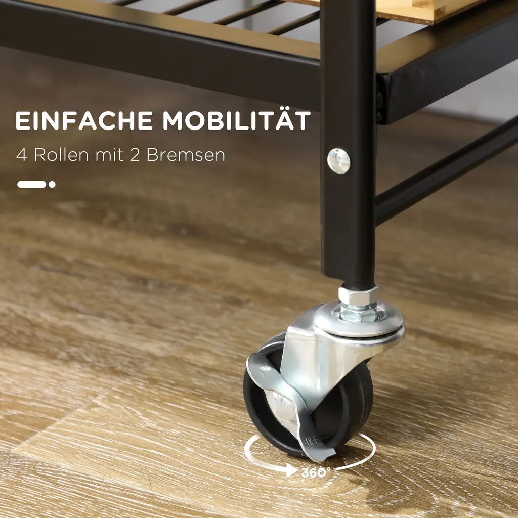 HOMCOM Rollwagen, Klappbarer Küchenwagen, Servierwagen Mit 3 Ebenen, Griff, Küchenregal Auf 4 Rollen Für Esszimmer, Wohnzimmer, Stahl, Braun+Schwarz, 68 X 35 X 85 Cm – Bild 6