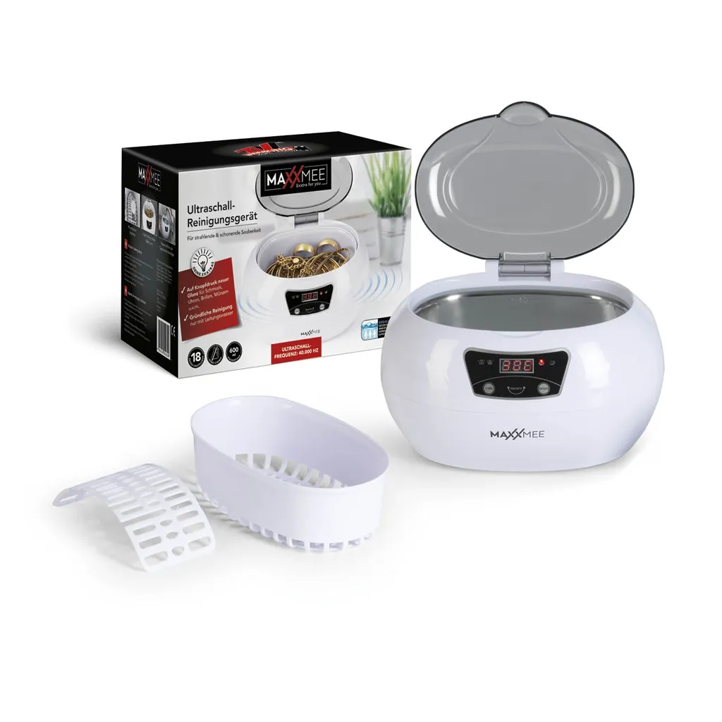 MAXXMEE Ultraschall Reinigungsgerät - 18 Reinigungszeiten - Grau/weiß Ultraschall Reinigungsgerät 600 Ml Timer Display Uhren Schmuck Brillen MAXXMEE – Bild 6