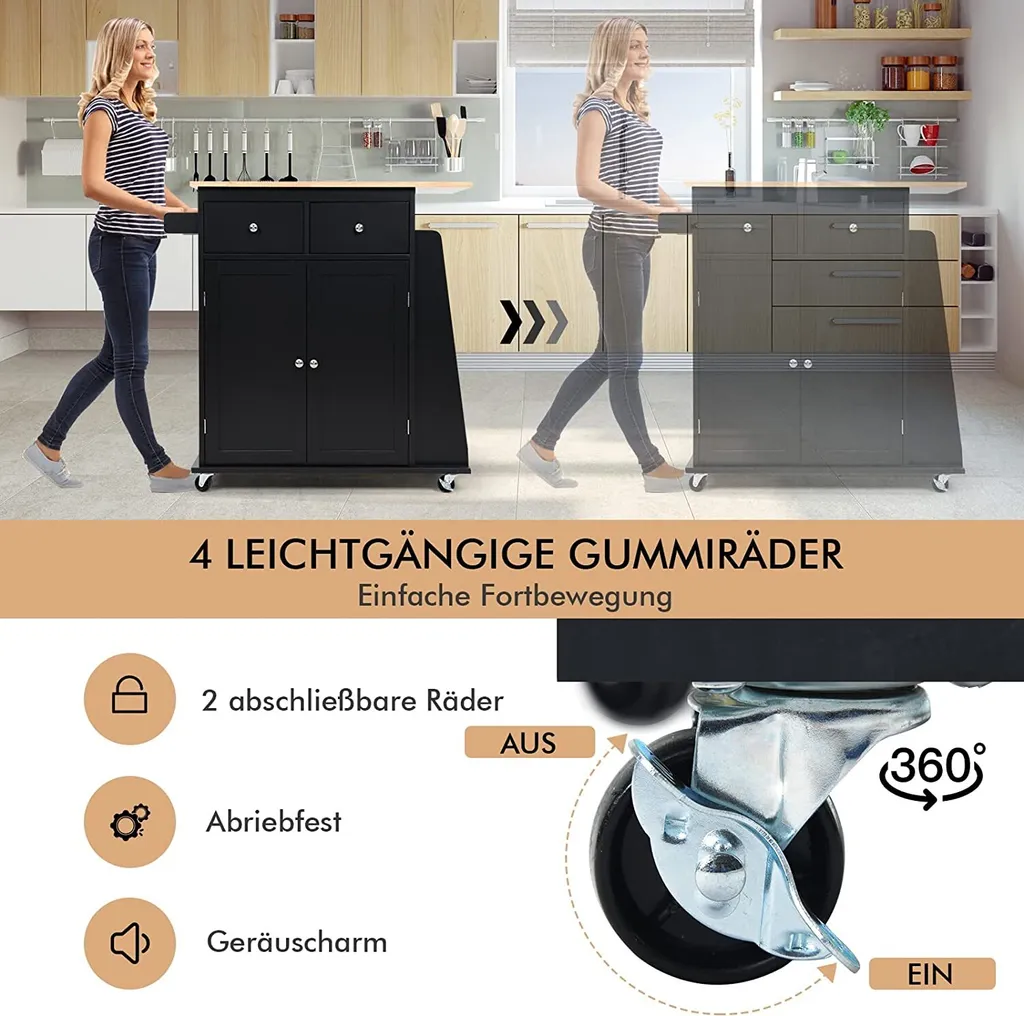 COSTWAY Kücheninsel Mit Handtuchhalter, Rollender Küchenwagen Aus Gummiholz Mit Verstellbarem Regal & 2 Schubladen & Gewürzregal, Servierwagen Modern Mit Räder Mit Bremsen (Schwarz) – Bild 4