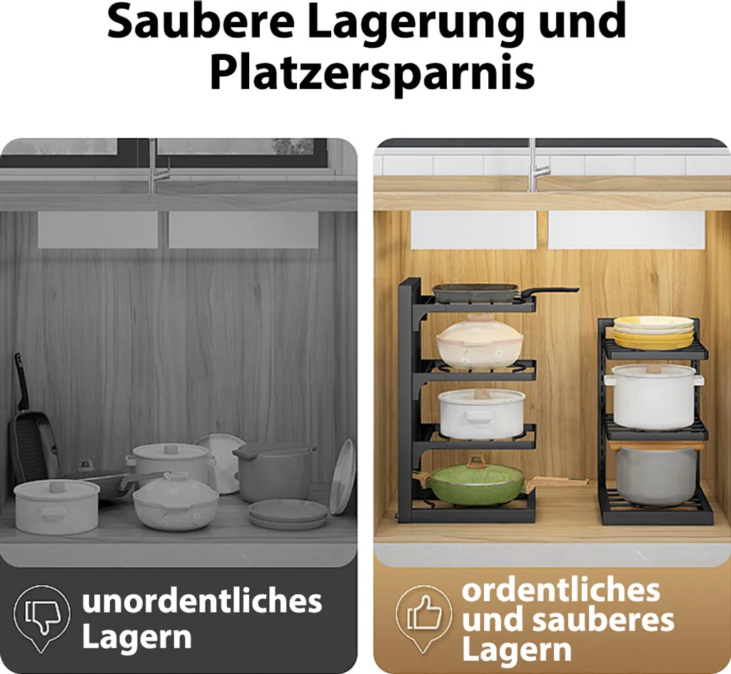 MAJA DESIGN 4-lagiger Verstellbarer Pfannenhalter/Pfannenregal Bzw. Topfregal, Topfdeckelhalter, Schwarz – Bild 3