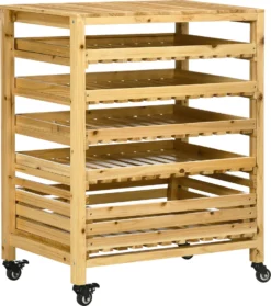 Outsunny Obsthalter Mit Rädern, Gemüseregal Mit 5 Regalen, Obstkorbständer, Aufbewahrungswagen, Für Gemüse, Obst, Bis 20 Kg Belastbar, Aus Tannenholz, Natur