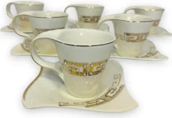 12-teiliges Medusa Mäander Kaffeeservice Mit Goldschliff Kaffeetassen Für 6 Personen 6 Tassen + 6 Untertassen Weiß-Gold Genießen Servieren Kaffee