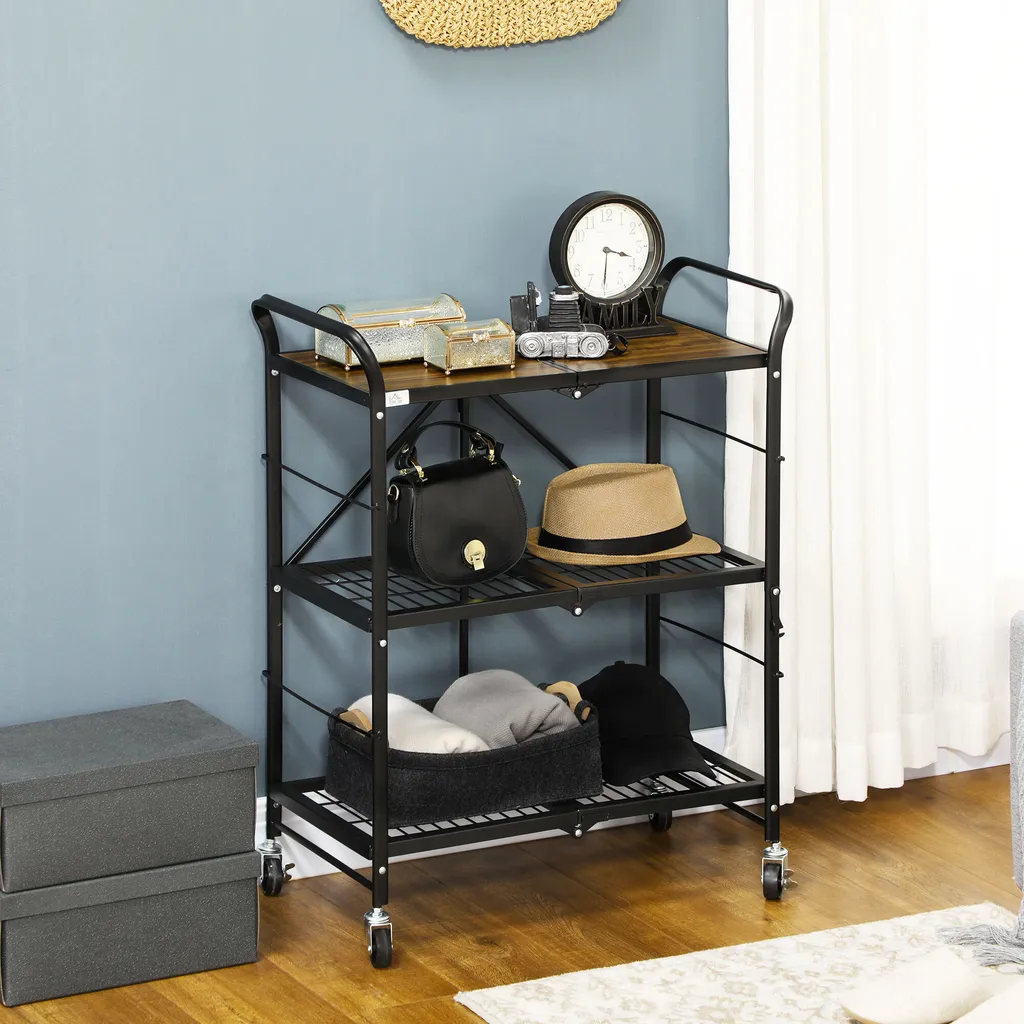 HOMCOM Rollwagen, Klappbarer Küchenwagen, Servierwagen Mit 3 Ebenen, Griff, Küchenregal Auf 4 Rollen Für Esszimmer, Wohnzimmer, Stahl, Braun+Schwarz, 68 X 35 X 85 Cm – Bild 2