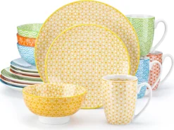 Vancasso Natsuki 16-teilig Porzellan Kombiservice, Mit Je 4 Speiseteller Ø 27 Cm, Dessertteller Ø 21,5 Cm, Müslischalen Ø 15,2 Cm Und Kaffeebecher 380 Ml