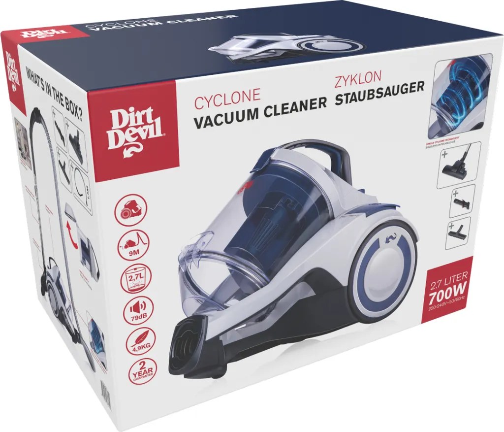Dirt Devil Staubsauger Ohne Beutel - DD2504 - 700W - HEPA 12 Filter - 9M Reichweite - Mit Combibrush, Versenkter Bürste Und Parkettbürste - 4,9KG - Staubsammelbox 2,7L - Weiß – Bild 9