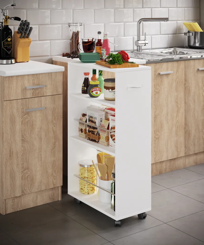 VCM Holz Küchenwagen Servierwagen Rollwagen Nischenschrank Rollbar Rollen Tusal Weiß – Bild 2