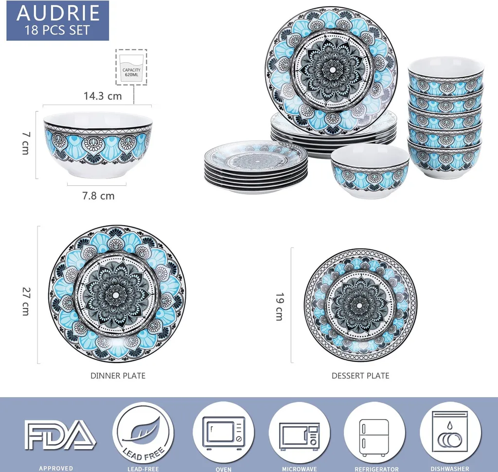 Tafelservice VEWEET, 18 Teiliges Geschirrset Aus Porzellan, AUDRIE Serie, Mit Je 6 Müslischale, Dessertteller Und Flachteller Für 6 Personen – Bild 2