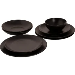 Mammoet Moon Geschirrset 6 Personen, Steingut, Bestehend Aus Tiefen Und Flachen Tellern Sowie Schalen – Je 6 Stück, Matt Schwarz, Moderne Form, Spülmaschinenfest