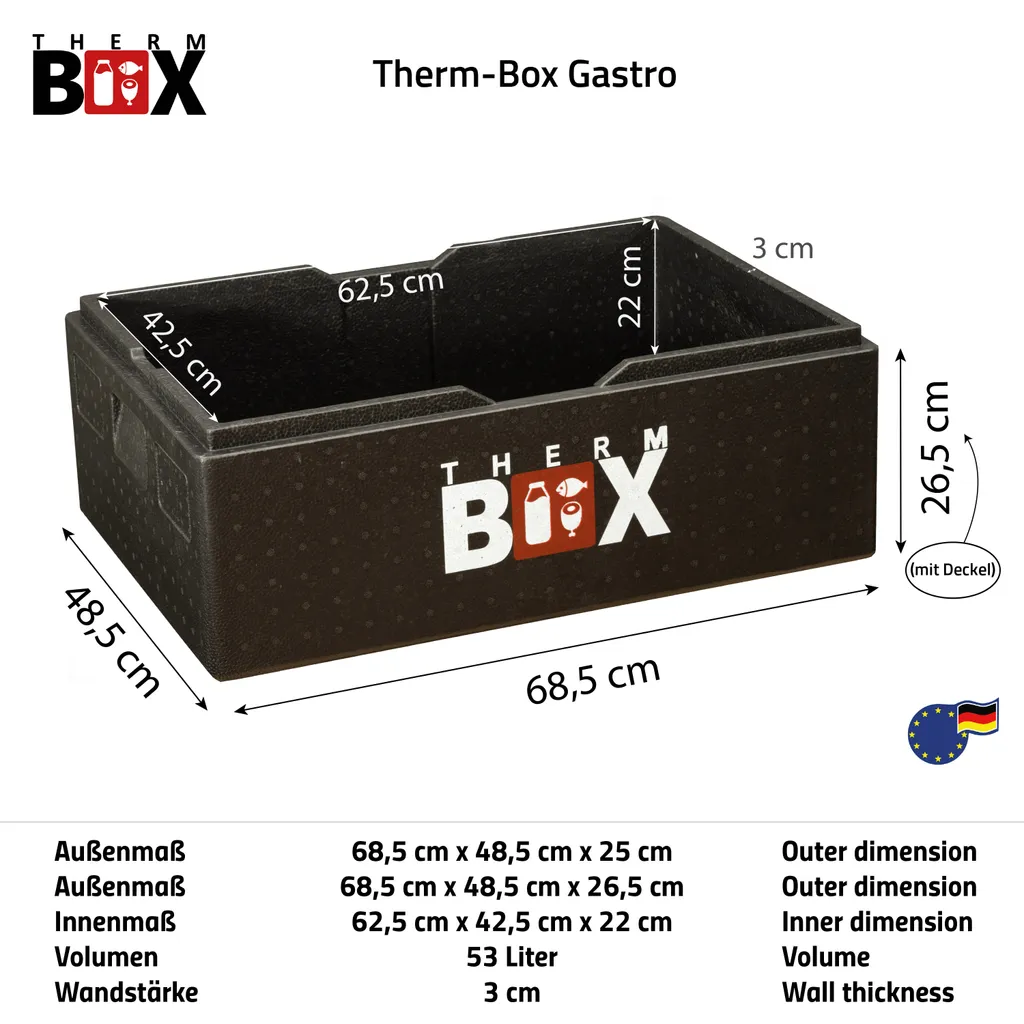 Profibox B53 - Wand: 3cm - Volumen: 53L - Innenmaß: 62,5x42,5x22cm - Wiederverwendbar Isolierbox Thermobox Kühlbox Warmhaltebox - Für E2 Kiste – Bild 3