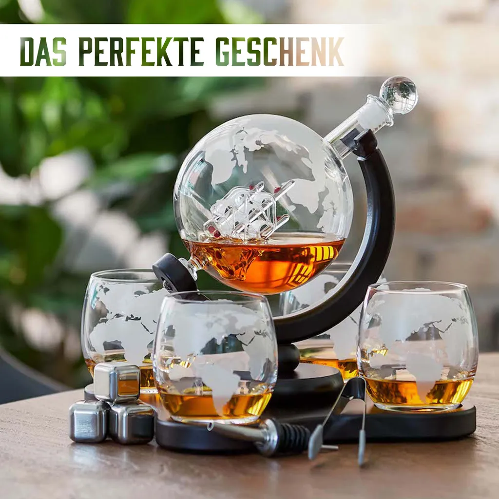 Whisiskey - Whisky Karaffe - Geschenke Für Männer - Komplette Whiskey Set - Globus - 900ML – Inkl. 4 Whisky Steine, 4 Whisky Gläser & Ausgießer - Whisky Dekanter – Whiskygläser - Natursteine – Bild 3