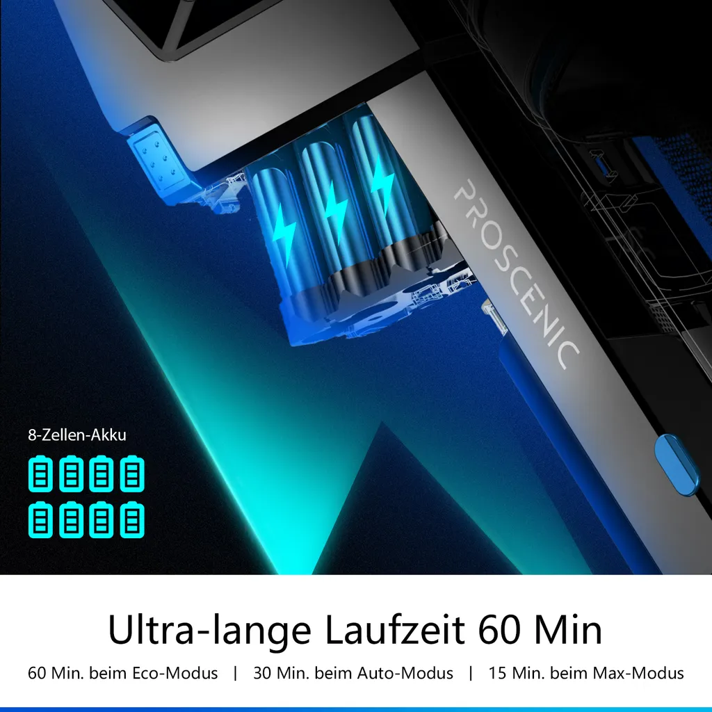 Proscenic P11 Smart Akku Staubsauger, Kabelloser Staubsauger, 30k Pa Starke Leistung, 60 Min. Laufzeit, Smart App Display – Bild 2