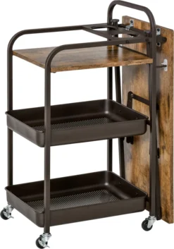 HOMCOM Küchenwagen Küchenrollwagen Servierwagen Mit 1 Klappbaren Tischplatte 2 Tabletts Und 1 Offenes Regal Rollen Verstellbare Fußpolster E1-Spanplatte Metall Rustikal-Braun 118 X 36,5 X 82 Cm