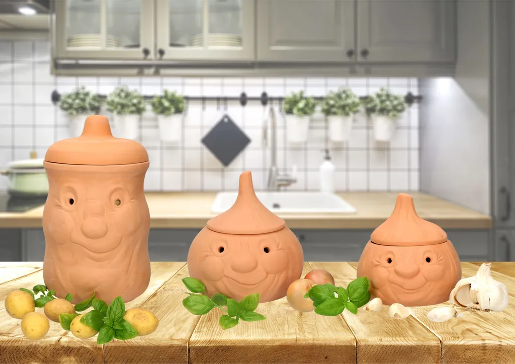 Mambocat 3tlg. Terrakotta-Töpfe Set Knoblauchtopf + Zwiebeltopf + Kartoffeltopf Vorrats-Dosen – Bild 2