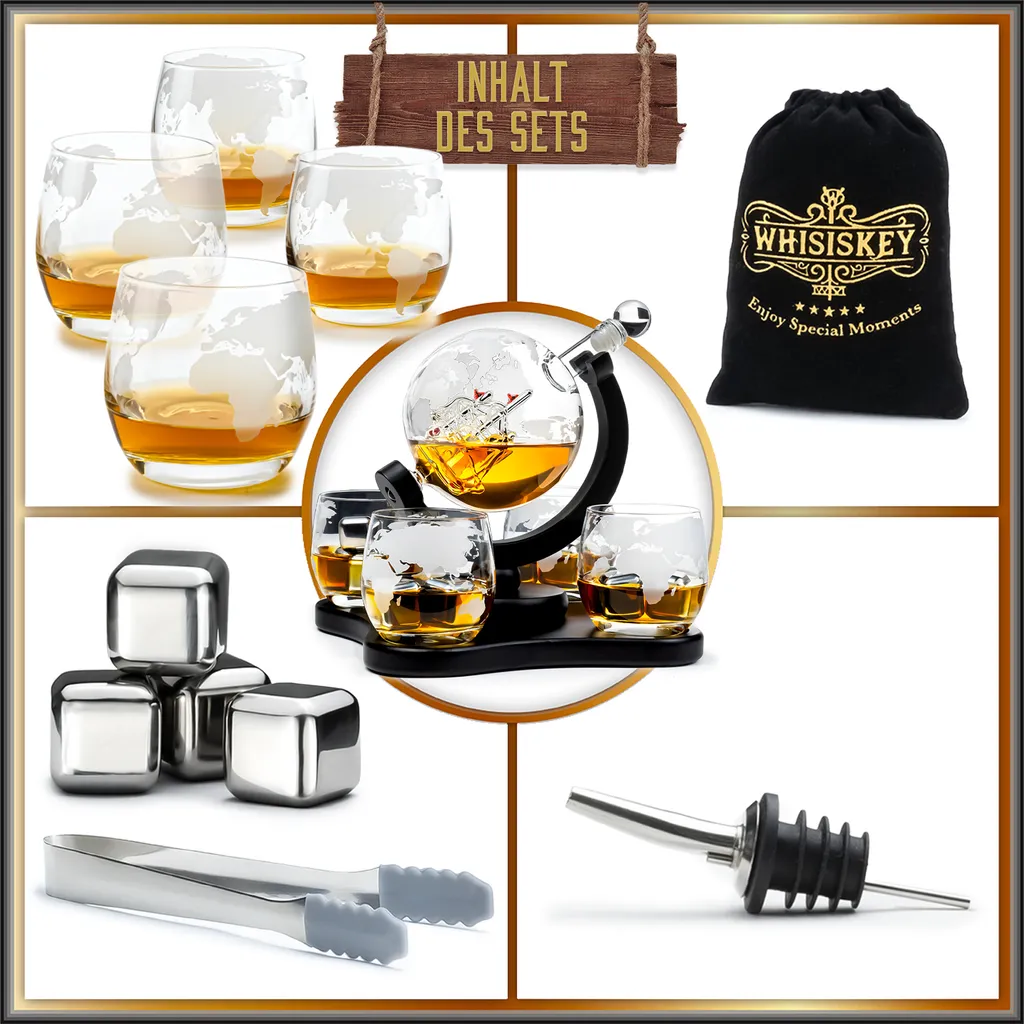 Whisiskey - Whisky Karaffe - Geschenke Für Männer - Komplette Whiskey Set - Globus - 900ML – Inkl. 4 Whisky Steine, 4 Whisky Gläser & Ausgießer - Whisky Dekanter – Whiskygläser - Natursteine – Bild 7