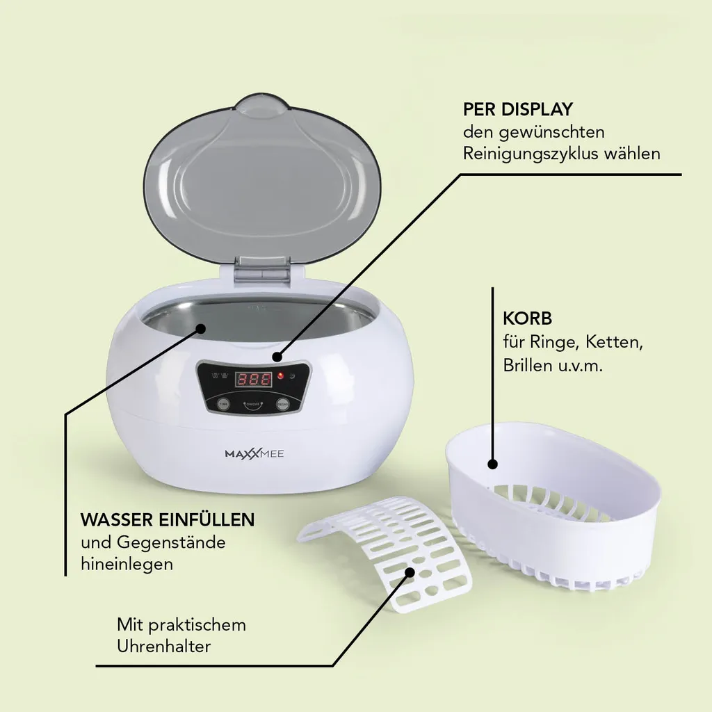 MAXXMEE Ultraschall Reinigungsgerät - 18 Reinigungszeiten - Grau/weiß Ultraschall Reinigungsgerät 600 Ml Timer Display Uhren Schmuck Brillen MAXXMEE – Bild 4