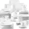 MALACASA, Serie Blance, 60 Tlg. Cremeweiß Porzellan Geschirrset Kombiservice Tafelservice Mit Je 12 Kaffeetassen, 12 Untertassen, 12 Dessertteller, 12 Suppenteller Und 12 Flachteller