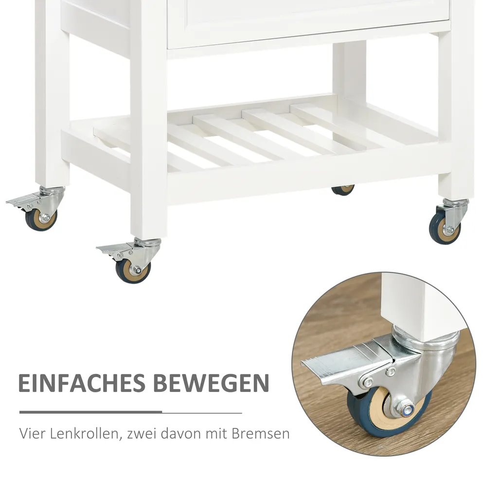 HOMCOM Küchenwagen Küchenrollwagen Servierwagen Mit Einer Schublade Geschlossenen Schrank Regalboden Und Handtuchhalter 4 Lenkrollen MDF Gummiholz Weiß+Eiche 63,5 X 40 X 90 Cm – Bild 5