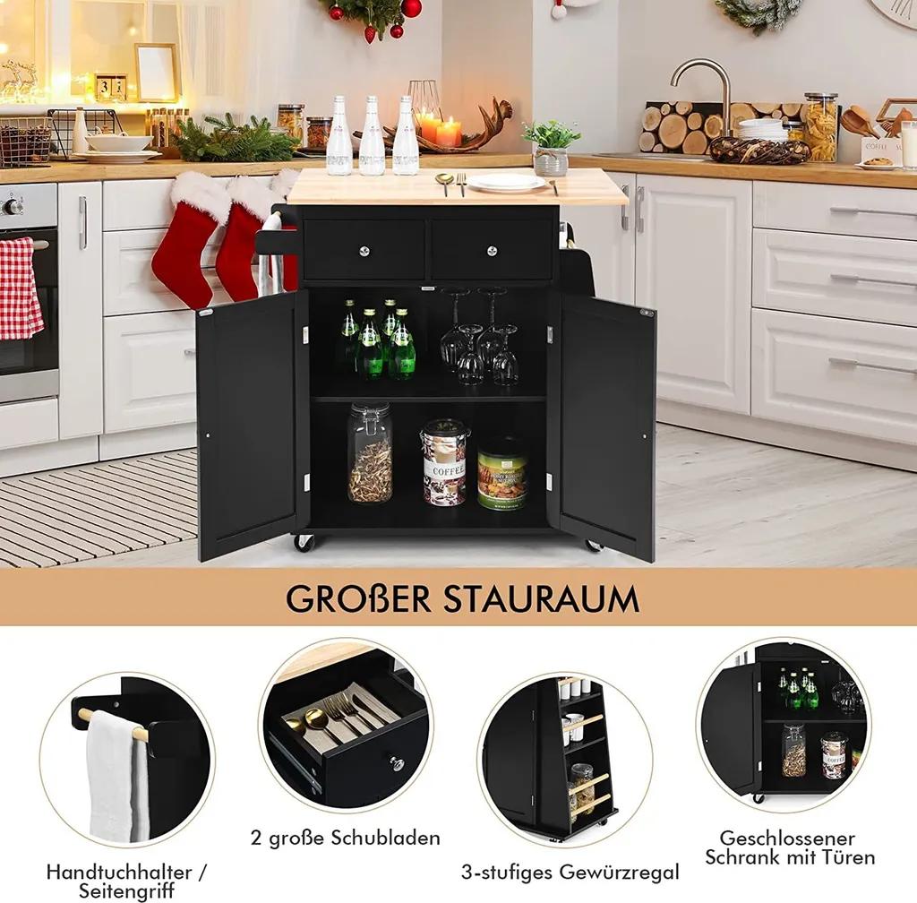 COSTWAY Kücheninsel Mit Handtuchhalter, Rollender Küchenwagen Aus Gummiholz Mit Verstellbarem Regal & 2 Schubladen & Gewürzregal, Servierwagen Modern Mit Räder Mit Bremsen (Schwarz) – Bild 2