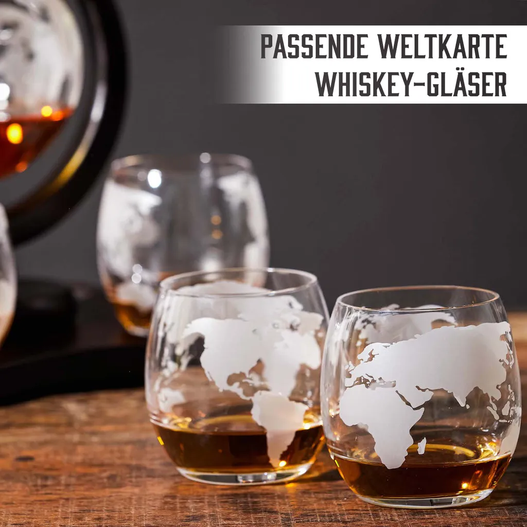 Whisiskey - Whisky Karaffe - Geschenke Für Männer - Komplette Whiskey Set - Globus - 900ML – Inkl. 4 Whisky Steine, 4 Whisky Gläser & Ausgießer - Whisky Dekanter – Whiskygläser - Natursteine – Bild 4