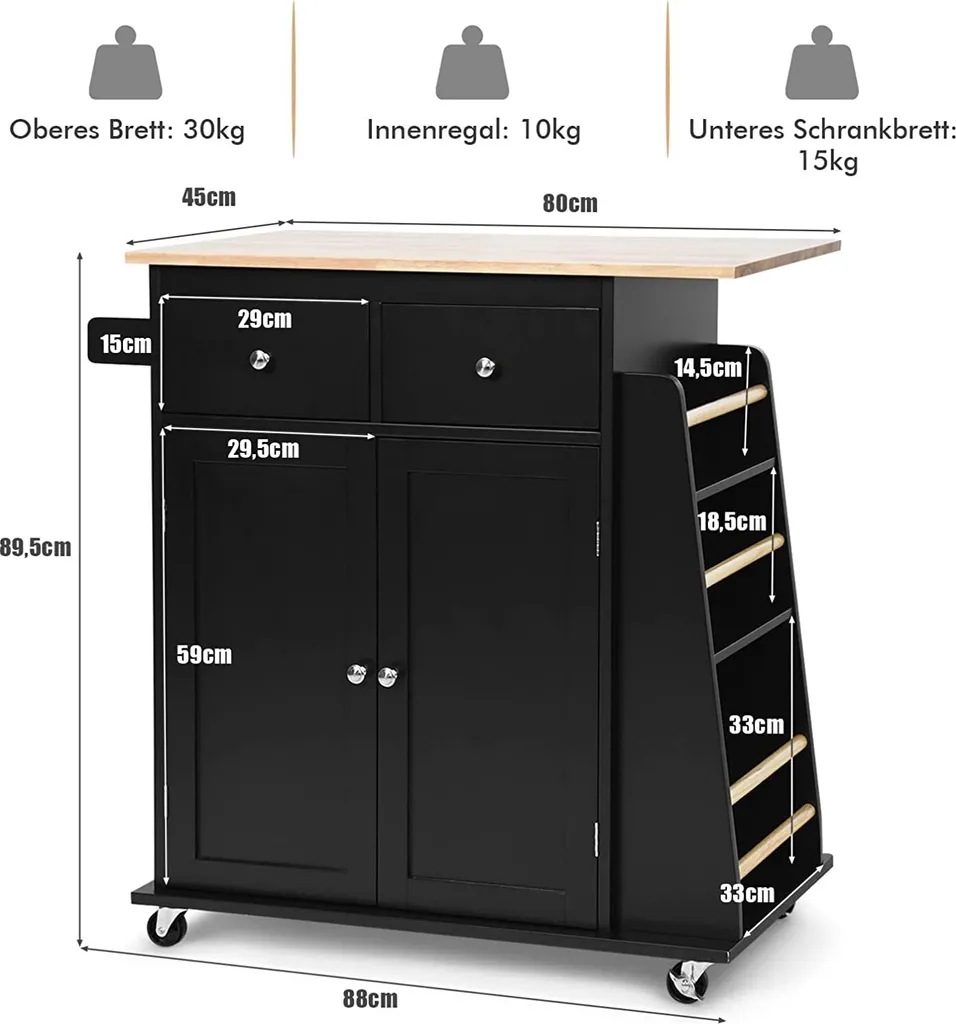 COSTWAY Kücheninsel Mit Handtuchhalter, Rollender Küchenwagen Aus Gummiholz Mit Verstellbarem Regal & 2 Schubladen & Gewürzregal, Servierwagen Modern Mit Räder Mit Bremsen (Schwarz) – Bild 6
