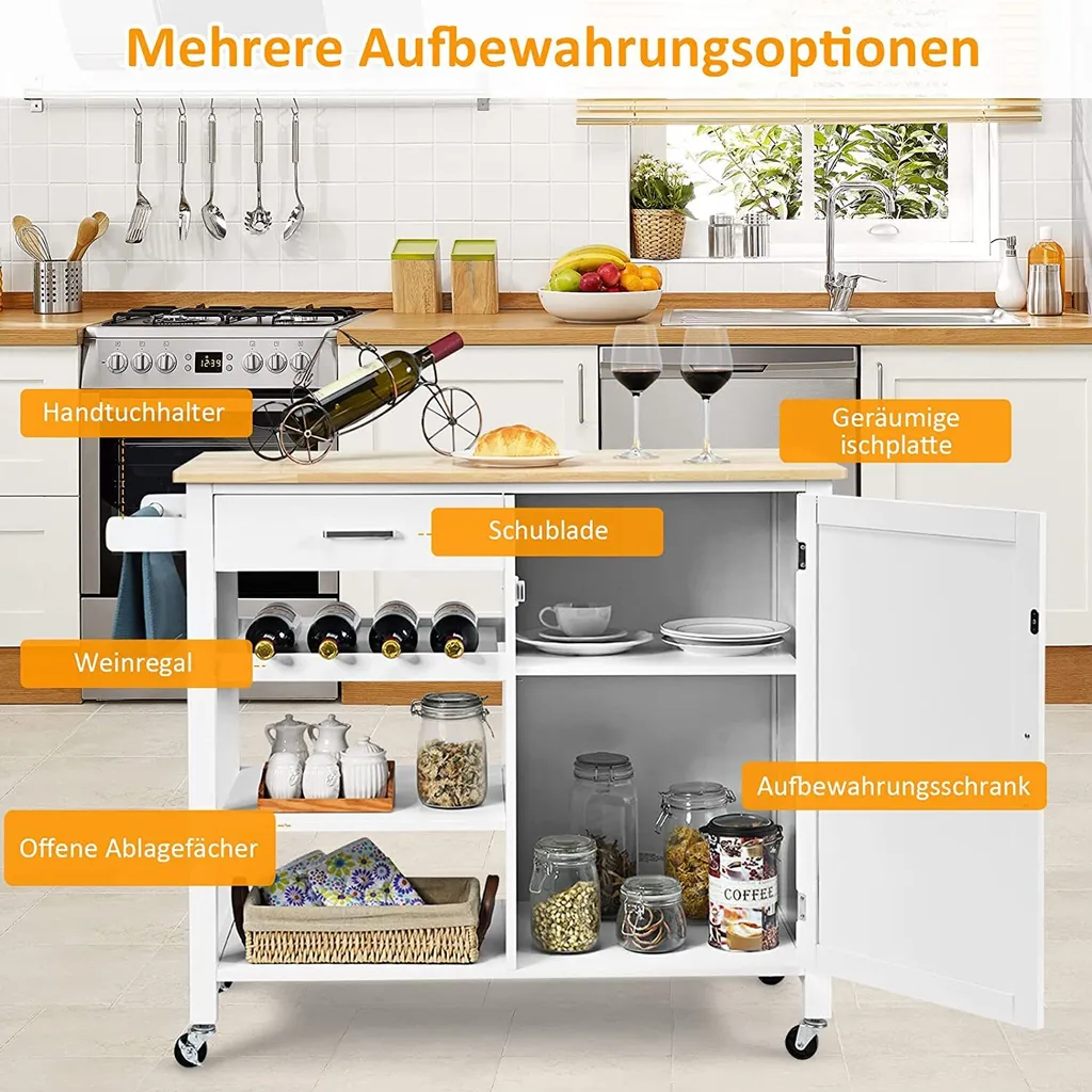 COSTWAY Küchenwagen Auf Rollen, Kücheninsel Mit Schublade, Weinregal, Offene Regale & Handtuchhalter, Platzsparender Servierwagen, Für Küche, Esszimmer, Bar, Weiß – Bild 3