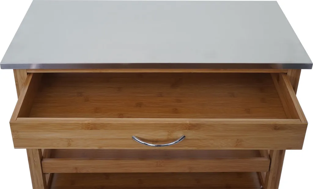 Servierwagen HWC-D15, Küchenwagen Barwagen Rollwagen Küchenhelfer Beistellwagen, Bambus Mit Edelstahlplatte 89x70x37cm – Bild 7