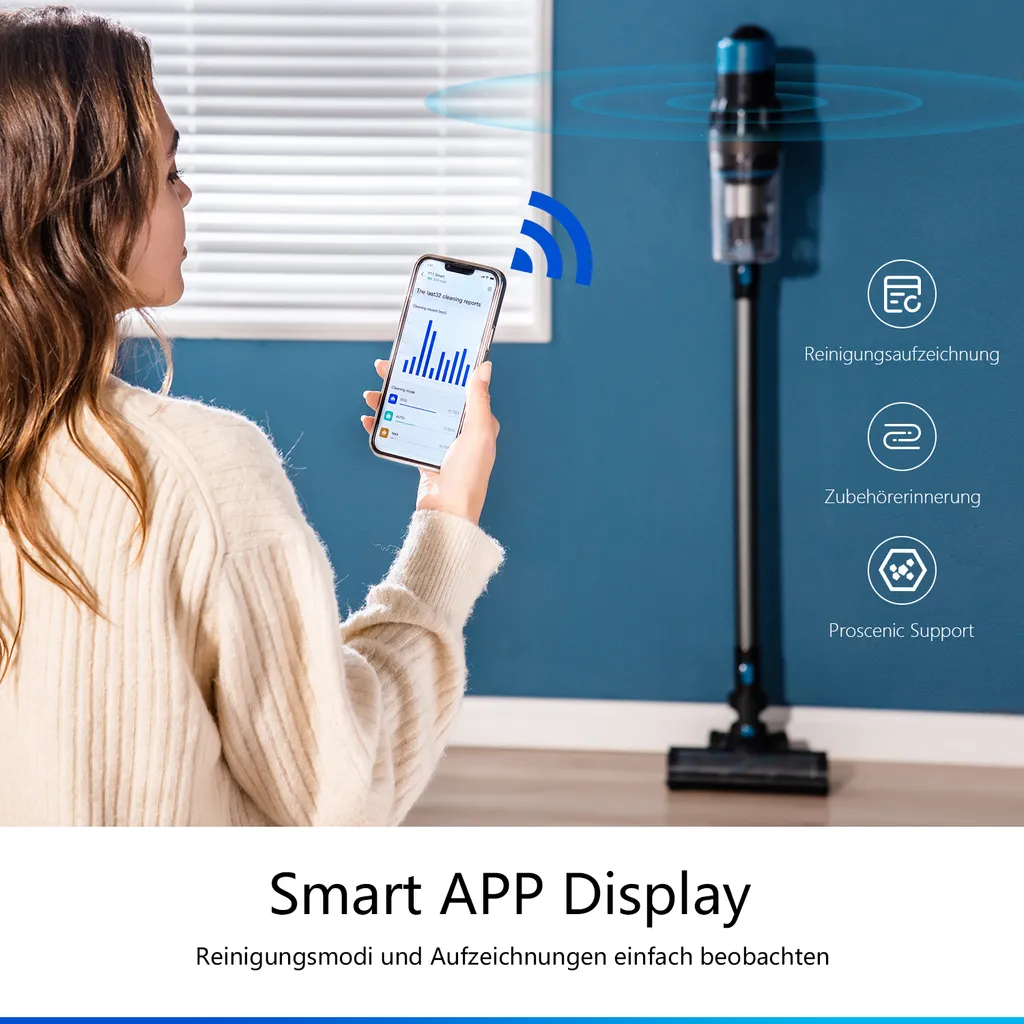 Proscenic P11 Smart Akku Staubsauger, Kabelloser Staubsauger, 30k Pa Starke Leistung, 60 Min. Laufzeit, Smart App Display – Bild 4