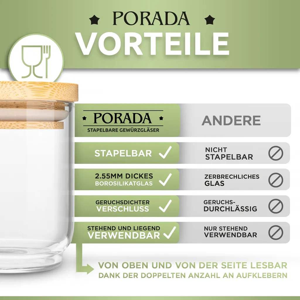 PORADA 12 Stapelbare Gewürzgläser Set 150ml Glasbehälter Mit Deckel Aufbewahrung Küche Gewürzdosen Vorratsdosen Glas Mit Deckel Aufbewahrungsgläser Küchenorganisation Aufbewahrung… – Bild 3