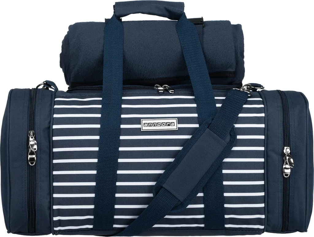 Anndora Picknick Kühltasche + Decke + Zubehör - Blau Weiß Gestreift - Blau – Bild 3