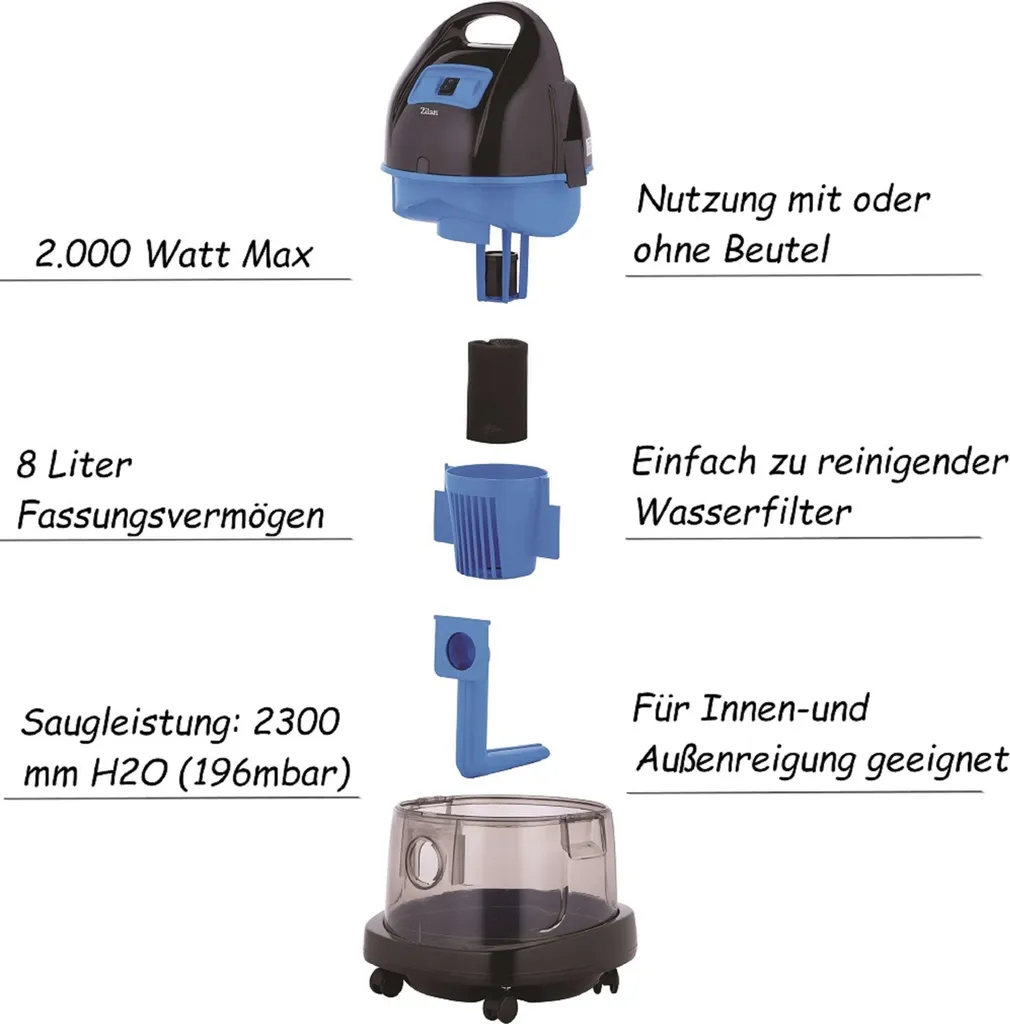 Zilan Staubsauger Mit Wasserfilter | Wasserstaubsauger | Nass Und Trocken | Boden Staubsauger | 8 LIter | 2.000 Watt | Beutellos | Grau – Bild 2