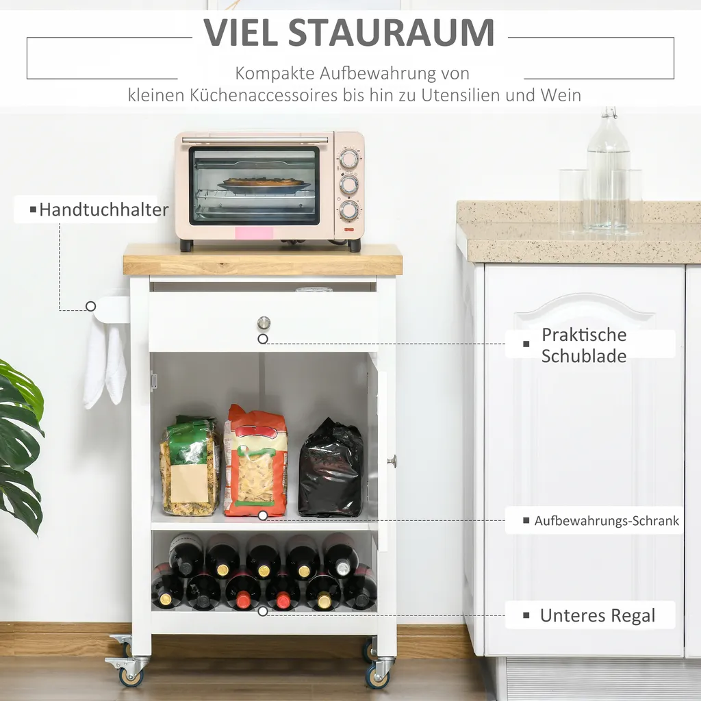HOMCOM Küchenwagen Küchenrollwagen Servierwagen Mit Einer Schublade Geschlossenen Schrank Regalboden Und Handtuchhalter 4 Lenkrollen MDF Gummiholz Weiß+Eiche 63,5 X 40 X 90 Cm – Bild 4