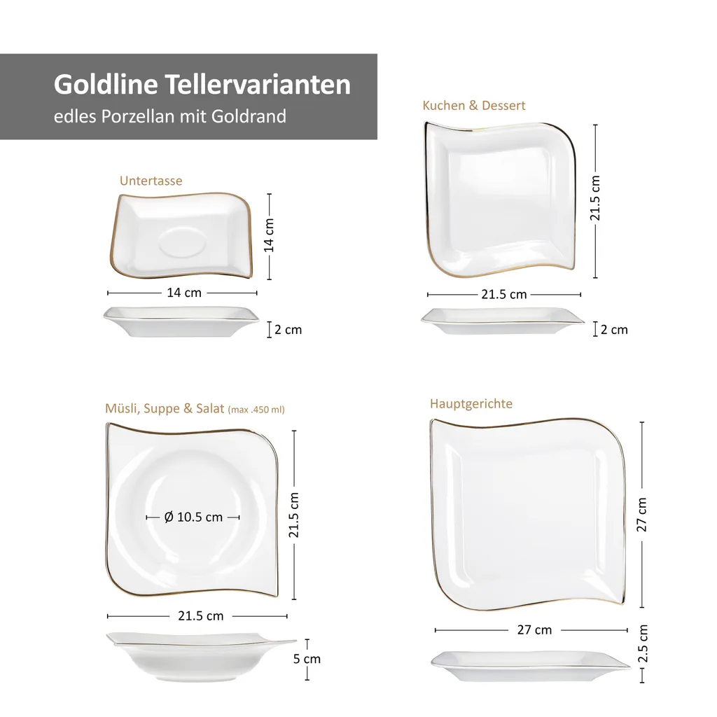 30tlg Geschirrset Silverline Kombi 6Pers Gold Kaffee Unterteller Kuchen/Speiseteller Suppenschale – Bild 6