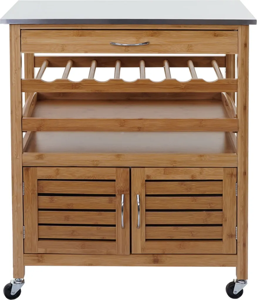 Servierwagen HWC-D15, Küchenwagen Barwagen Rollwagen Küchenhelfer Beistellwagen, Bambus Mit Edelstahlplatte 89x70x37cm – Bild 3