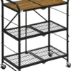 HOMCOM Rollwagen, Klappbarer Küchenwagen, Servierwagen Mit 3 Ebenen, Griff, Küchenregal Auf 4 Rollen Für Esszimmer, Wohnzimmer, Stahl, Braun+Schwarz, 68 X 35 X 85 Cm