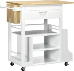 HOMCOM Küchenwagen, Rollwagen, Küchenschrank Mit Arbeitsplatte Aus Gummiholz, Trolley, Beistellwagen Auf Rollen, Servierwagen Mit Schublade, Werkzeugkasten Für Küche, Weiß, 89 X 48 X 89 Cm