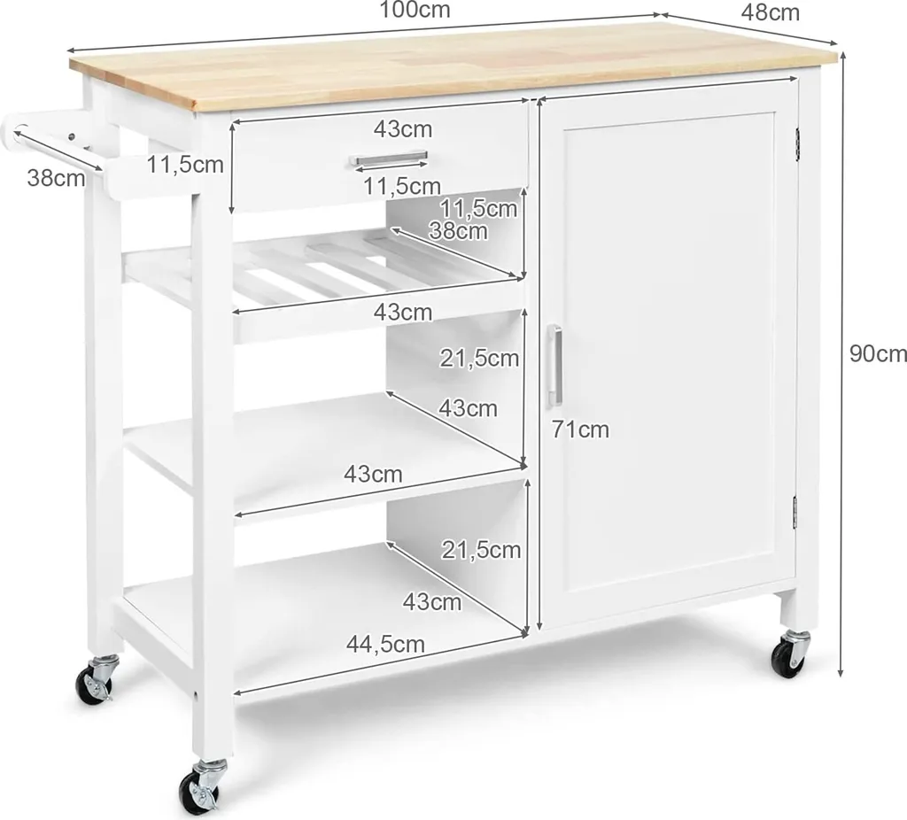 COSTWAY Küchenwagen Auf Rollen, Kücheninsel Mit Schublade, Weinregal, Offene Regale & Handtuchhalter, Platzsparender Servierwagen, Für Küche, Esszimmer, Bar, Weiß – Bild 7