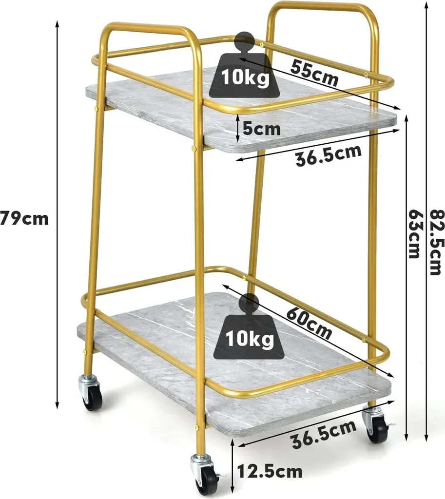 COSTWAY Küchenwagen Mit Universalrädern, Barwagen Rollwagen 2 Ablagen, Mobiler Servierwagen, Haushaltswagen Mit Stahlrahmen, Mehrzweckwagen Für Haus, Restaurant, Allzweckwagen Badwagen, Grau+Golden – Bild 6
