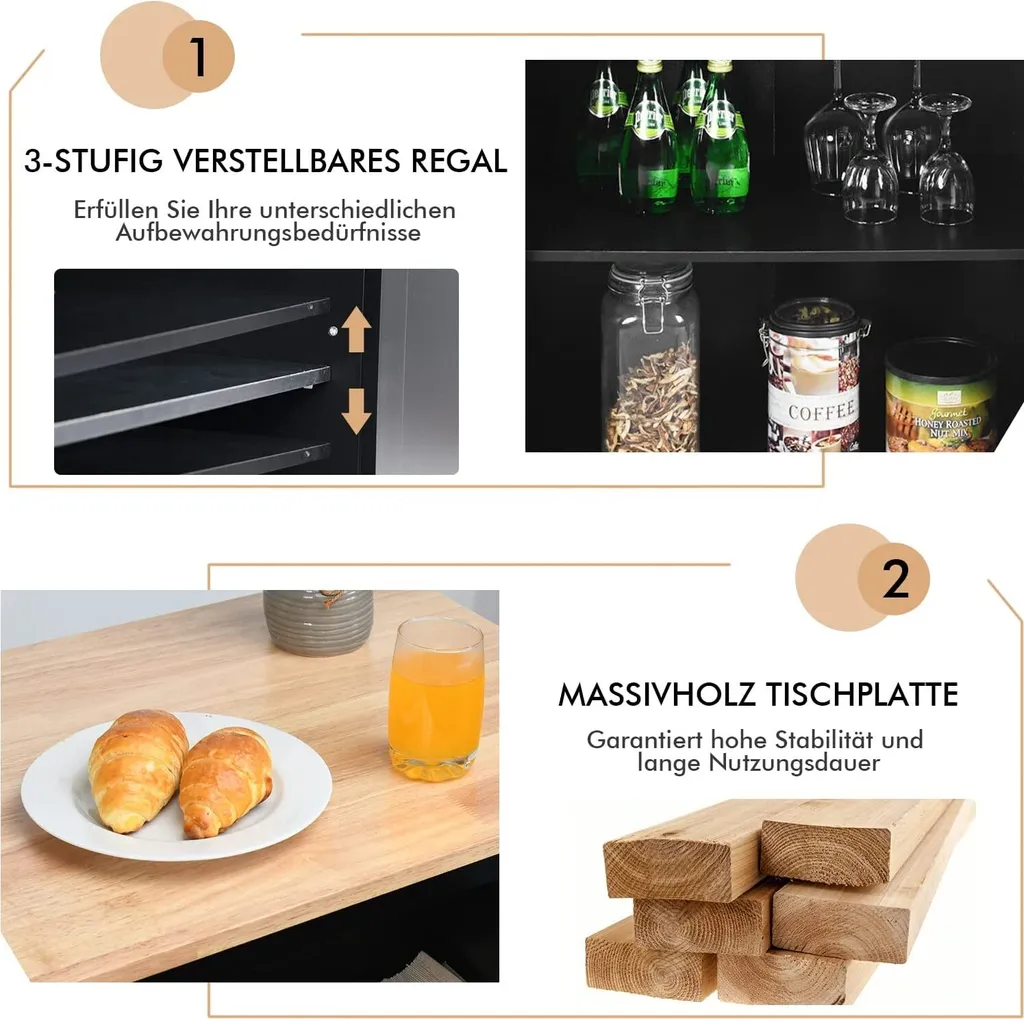 COSTWAY Kücheninsel Mit Handtuchhalter, Rollender Küchenwagen Aus Gummiholz Mit Verstellbarem Regal & 2 Schubladen & Gewürzregal, Servierwagen Modern Mit Räder Mit Bremsen (Schwarz) – Bild 3