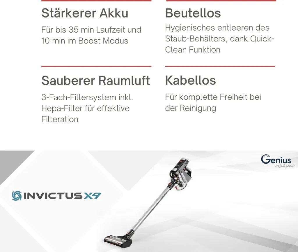 Genius Invictus X9 Set 14tlg Akku Staubsauger Handstaubsauger Mit LED Beutellos Kabellos HEPA Für Allergiker Tierhaare; A28142 – Bild 3