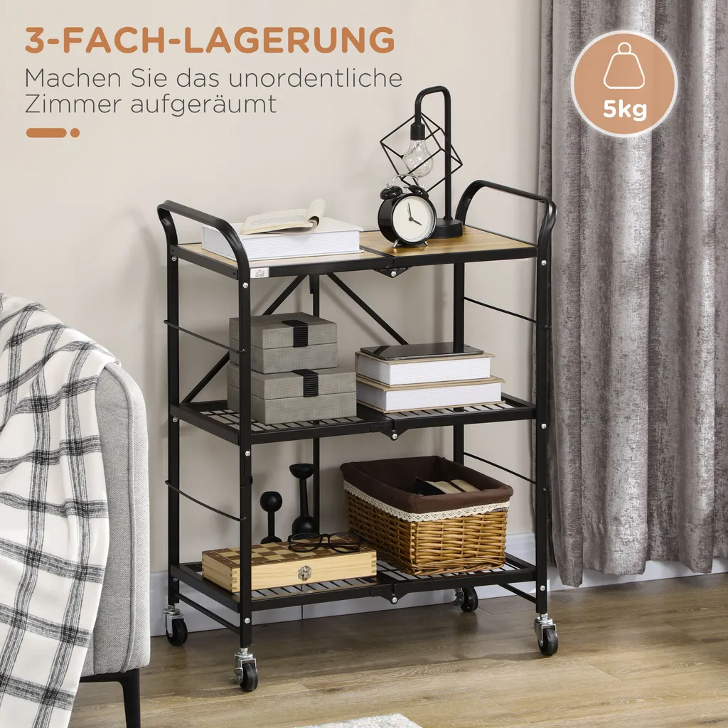 HOMCOM Rollwagen, Klappbarer Küchenwagen, Servierwagen Mit 3 Ebenen, Griff, Küchenregal Auf 4 Rollen Für Esszimmer, Wohnzimmer, Stahl, Braun+Schwarz, 68 X 35 X 85 Cm – Bild 4