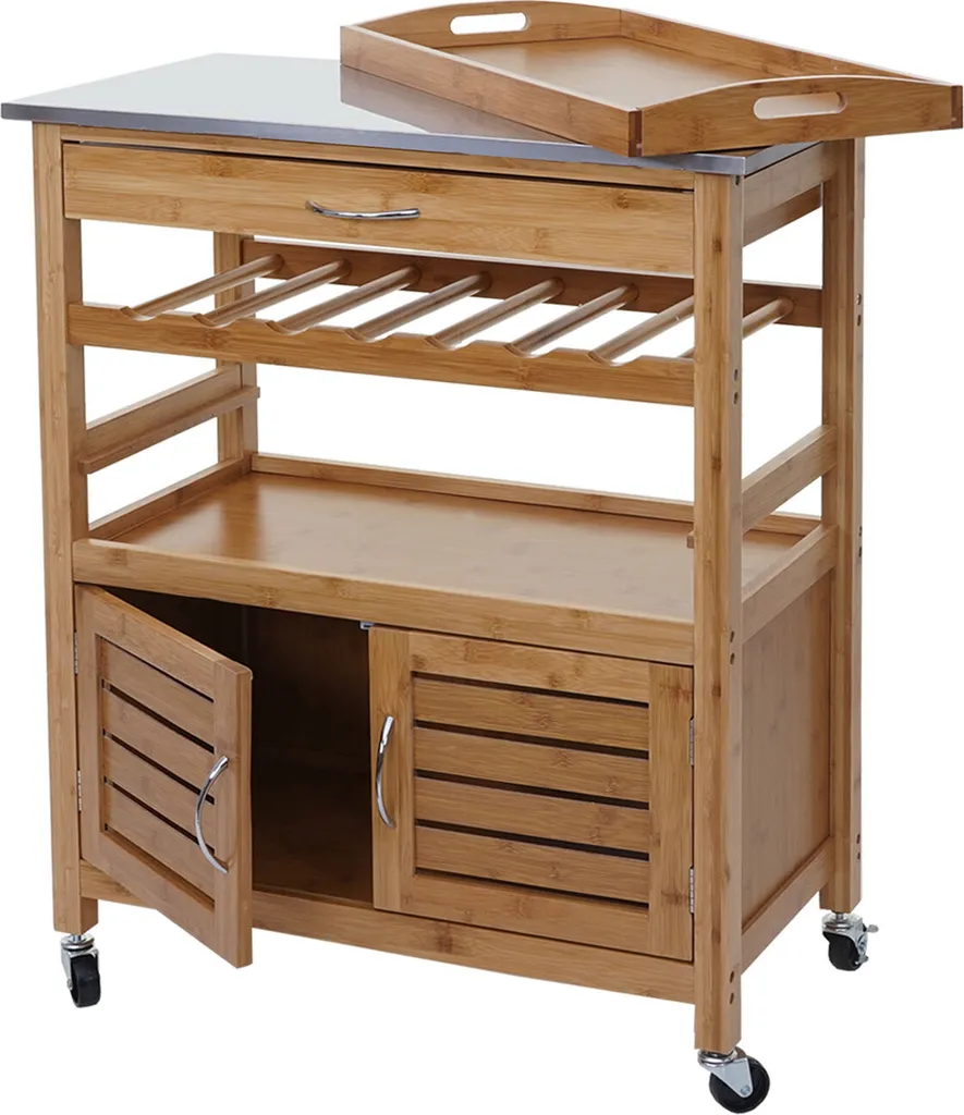 Servierwagen HWC-D15, Küchenwagen Barwagen Rollwagen Küchenhelfer Beistellwagen, Bambus Mit Edelstahlplatte 89x70x37cm – Bild 4