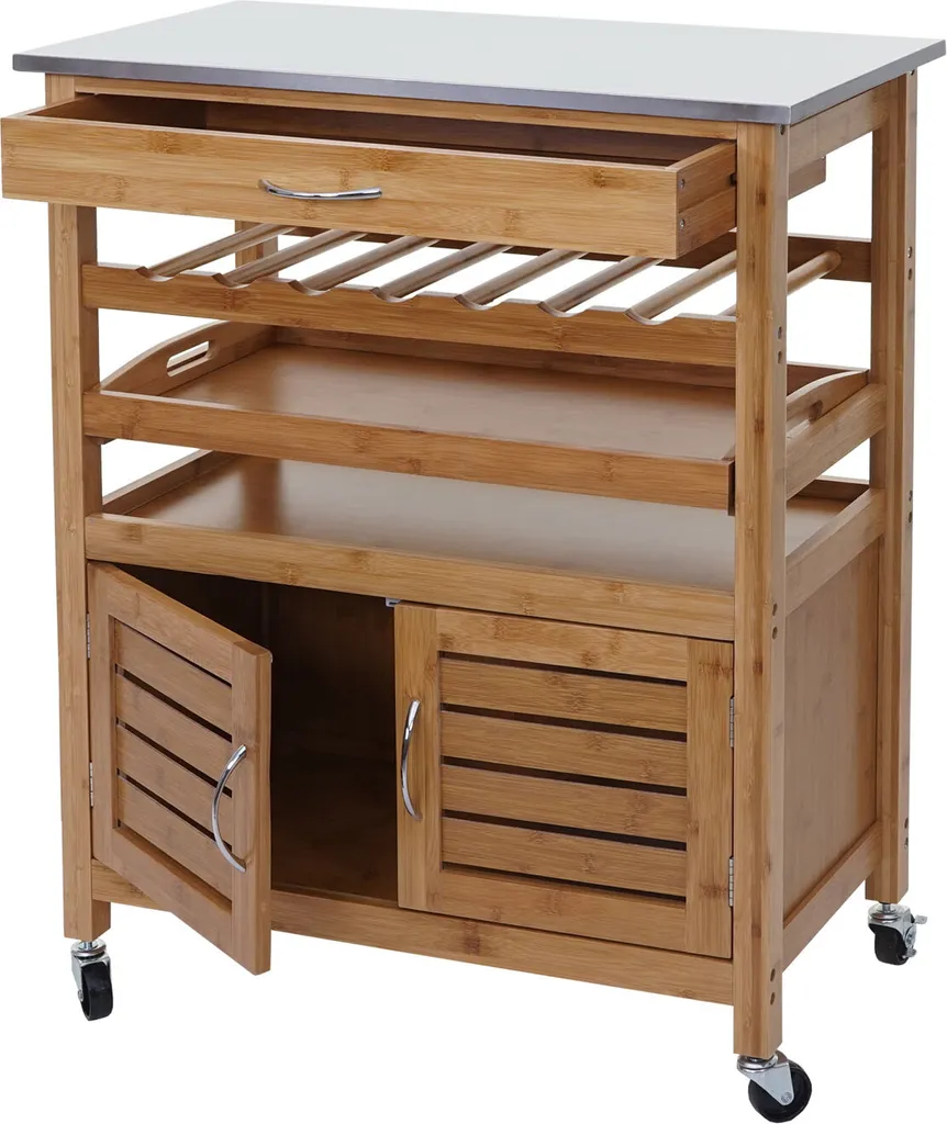 Servierwagen HWC-D15, Küchenwagen Barwagen Rollwagen Küchenhelfer Beistellwagen, Bambus Mit Edelstahlplatte 89x70x37cm – Bild 2