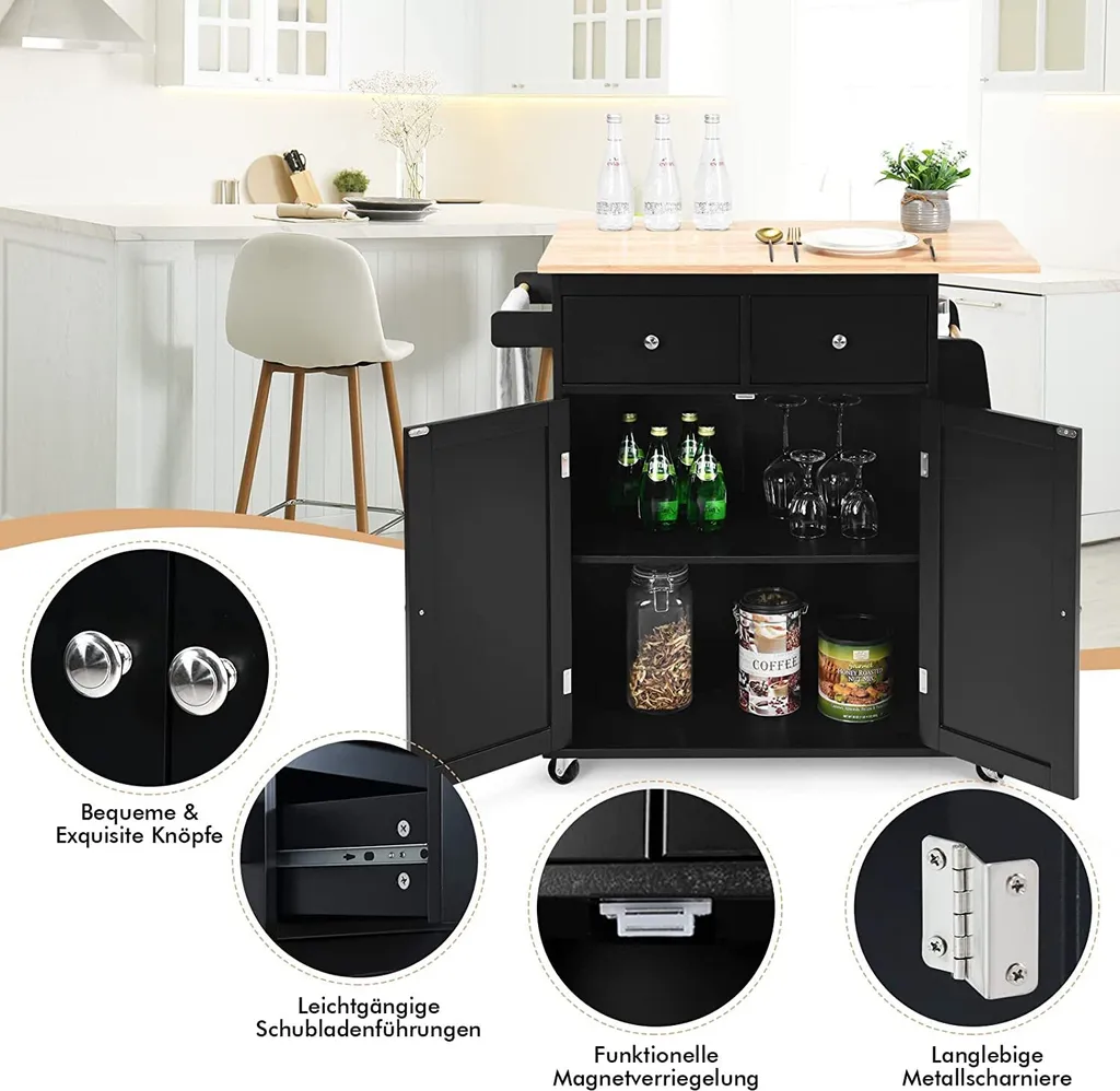 COSTWAY Kücheninsel Mit Handtuchhalter, Rollender Küchenwagen Aus Gummiholz Mit Verstellbarem Regal & 2 Schubladen & Gewürzregal, Servierwagen Modern Mit Räder Mit Bremsen (Schwarz) – Bild 5