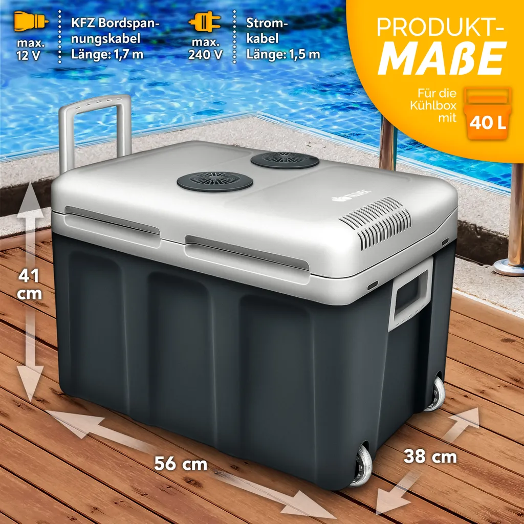 Tillvex Kühlbox Elektrisch 40L Grau Mit Rollen | Mini-Kühlschrank 230 V Und 12 V Für KFZ Auto Camping | Kühlt & Wärmt | ECO-Modus – Bild 4